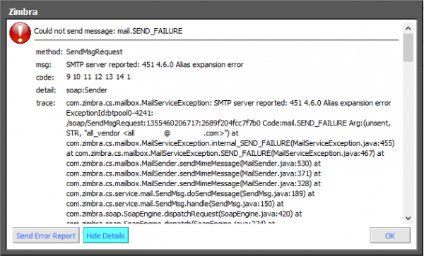 Alias expansion error for sending to distribution list in Zimbra